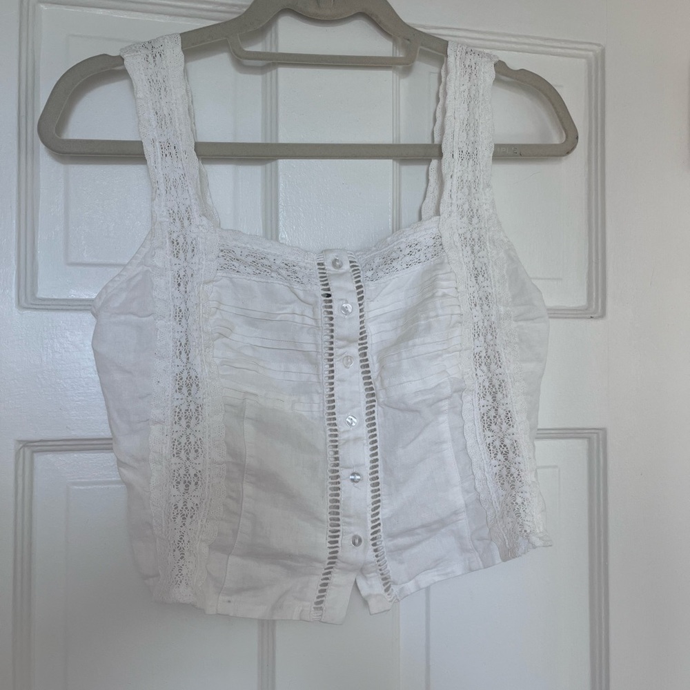Free People White Lace-Trim Button Crop Tank